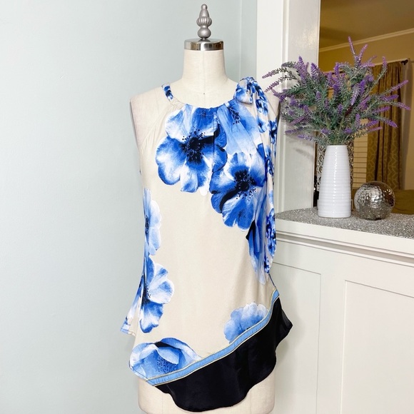 New York & Co. Floral Tie Neck Sleeveless Tank Top Tan Blue Blouse - Picture 2 of 11